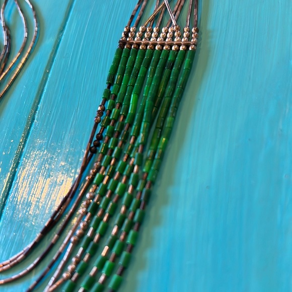 Vintage liquid silver malachite 10 strand necklace artist marked sterling .925 - Picture 7 of 10